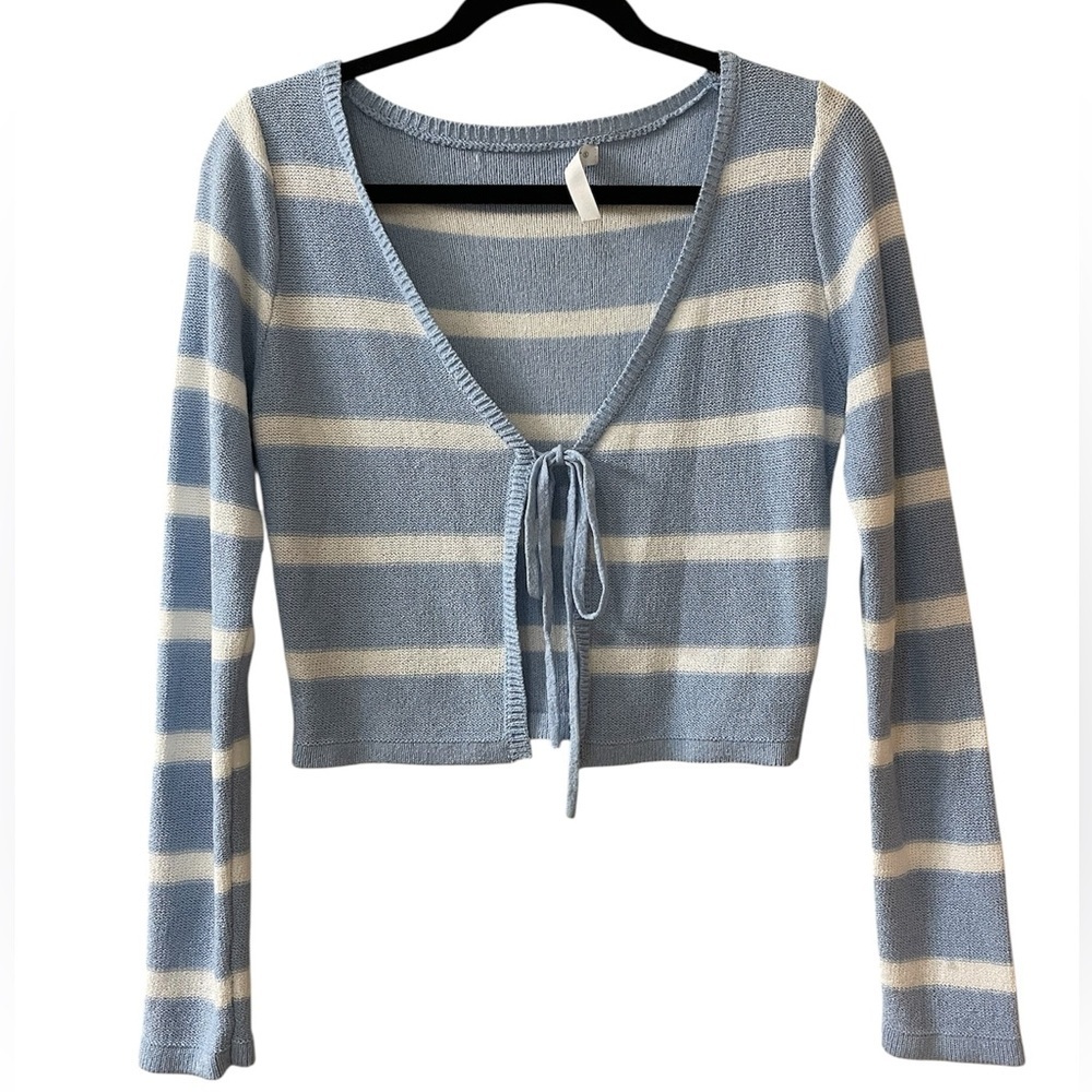 Altar’d State Blue White Striped Knit Cardigan Open Tie Small NWT